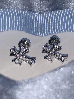 MOS Collection Crystal Cross Stud Earrings Silver Tone Minimalist Sparkly Cross